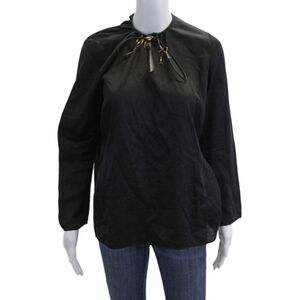 Maskit Womens Cotton Long Sleeve Y-Neck Blouse Top Solid Black Size L